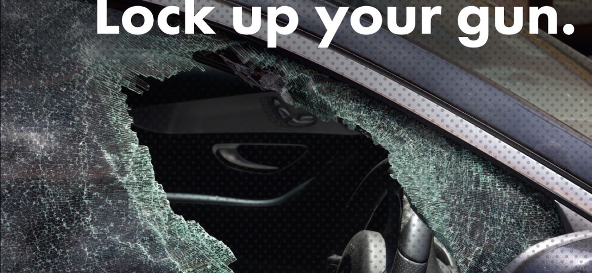 A car with a shattered side window is shown. Text reads: Thieves target cars near gun shows. Lock up your gun. A blue speech bubble says, Lets Talk Guns Colorado.