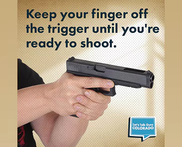 Image of a person holding a handgun with both hands, keeping their finger off the trigger. Text on the image says: “Keep your finger off the trigger until you’re ready to shoot.”