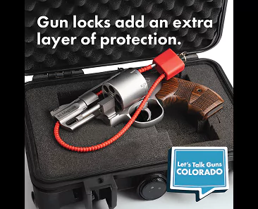 Image of a revolver secured with a red gun lock inside a protective foam gun case, with text that says “Gun locks add an extra layer of protection.” and the Let's Talk Guns Colorado logo.