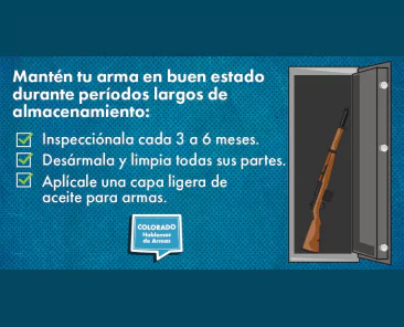 Infografía en español con consejos para mantener armas en buen estado: inspeccionar cada 3-6 meses, desarmar y limpiar, aplicar aceite. A la derecha, dibujo de un rifle dentro de una caja fuerte abierta.