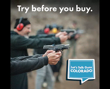 People at a shooting range aiming handguns, with the text “Try before you buy” and a Let’s Talk Guns Colorado logo.