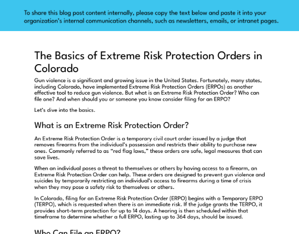 Preview image of a blog post titled “The Basics of Extreme Risk Protection Orders in Colorado,” showing introductory sections that explain what an ERPO is, how it works, and when someone might consider filing one.