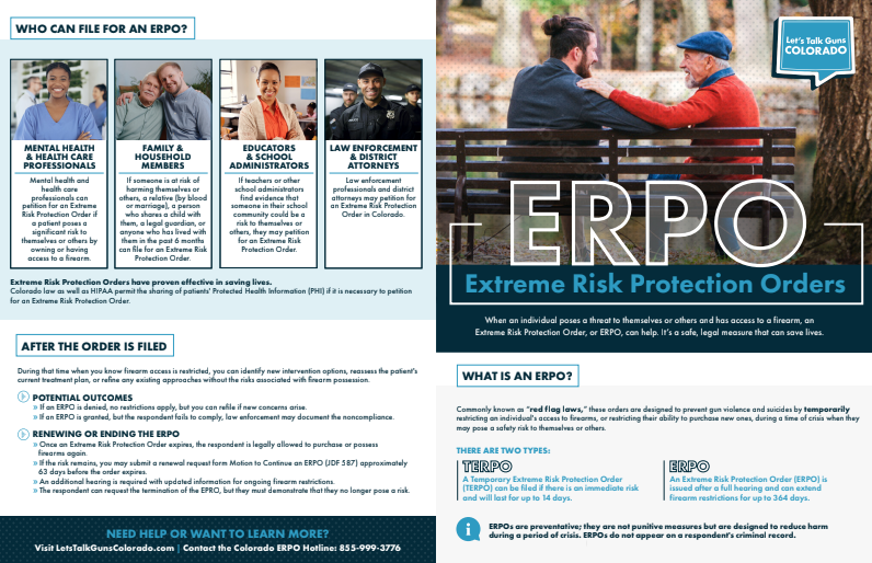 Preview image of a brochure about Extreme Risk Protection Orders (ERPOs), showing sections on who can file for an ERPO, what an ERPO is, what happens after an order is filed, and a large cover panel with two people talking on a park bench.