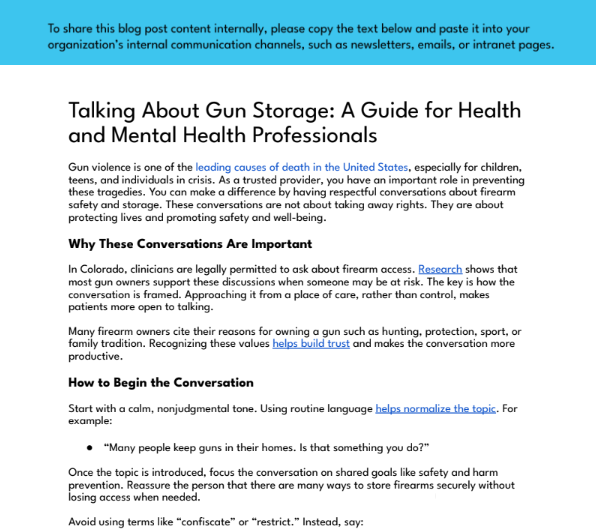 Preview image of a document titled “Talking About Gun Storage: A Guide for Health and Mental Health Professionals,” showing paragraphs about the importance of discussing firearm access, why these conversations matter, and guidance on how clinicians can begin the conversation.