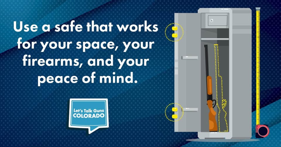 Illustration of a tall gun safe with its door open, showing a long gun stored inside and highlighted measurements around the safe. Text reads, “Use a safe that works for your space, your firearms, and your peace of mind,”.