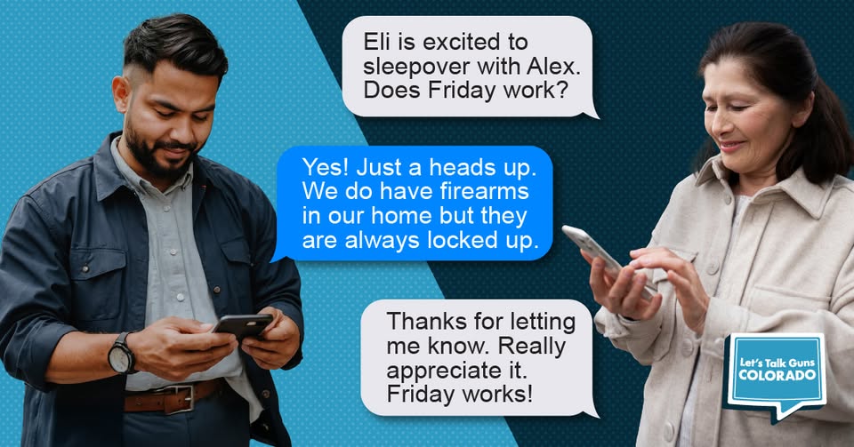 A man and a woman stand texting on their phones; their message bubbles read, “Eli is excited to sleepover with Alex. Does Friday work?”, “Yes! Just a heads up. We do have firearms in our home but they are always locked up.”, and “Thanks for letting me know. Really appreciate it. Friday works!”.
