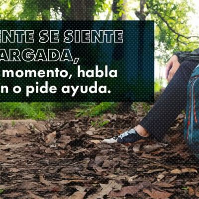 Una persona sentada en el suelo en un bosque junto a una mochila con una botella de agua. Un texto en español anima a buscar ayuda si uno se siente abrumado. En la esquina aparece el logotipo de Colorado Hablemos de Armas.