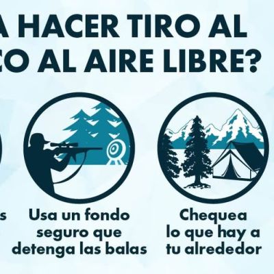 Infografía sobre tiro al blanco al aire libre: revisar leyes locales, usar un fondo seguro, chequear el entorno y limpiar al terminar. Incluye iconos representando cada recomendación y el logo de Colorado Hablemos de Armas.