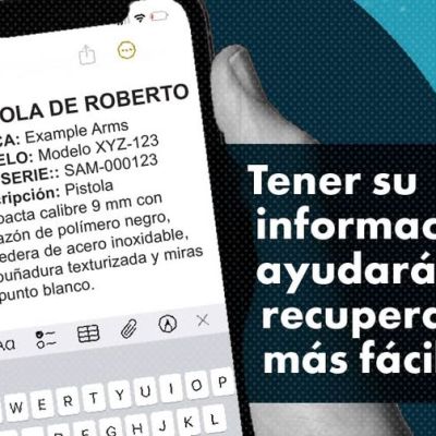 Una mano sostiene un teléfono que muestra una nota con detalles sobre un arma de fuego. A su lado se lee un texto en español: Tener su información ayudará a recuperarlas más fácilmente. El logotipo de Colorado Hablemos de Armas aparece en la esquina.