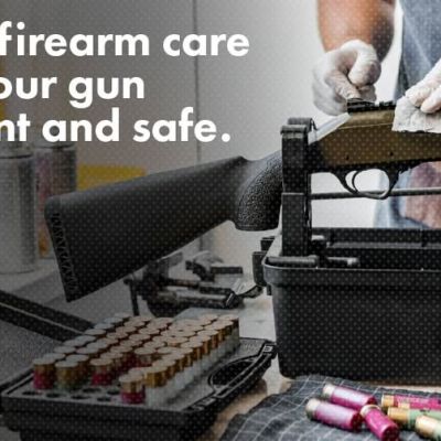 A person wearing gloves cleans a rifle with a cloth. Boxes of ammunition, gun cleaning supplies, and a gun case are on the table. Text reads: Routine firearm care keeps your gun consistent and safe.