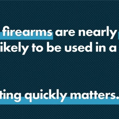 Text reads: Stolen firearms are nearly 9x more likely to be used in a crime. Reporting quickly matters. The phrases Stolen firearms, 9x, and Reporting quickly matters. are highlighted in blue.