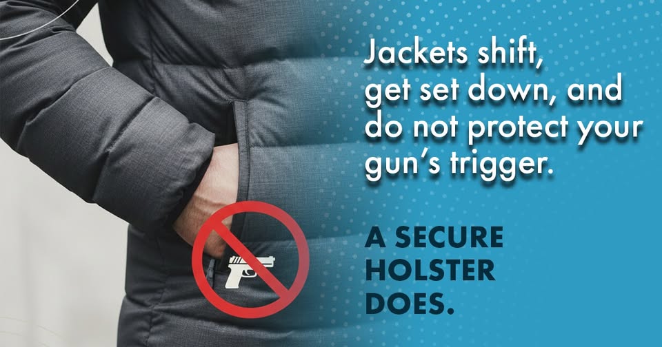 A person puts their hand in the pocket of a black jacket. Beside them, text reads: Jackets shift, get set down, and do not protect your gun’s trigger. A secure holster does. A no-gun symbol is also shown.