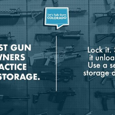A wall display of various firearms with text: Most gun owners practice safe storage. Lock it. Store it unloaded. Use a secure storage device. A speech bubble at top center says, Lets Talk Guns Colorado.