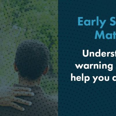 A man gently rests his hand on a childs shoulder outdoors. Text reads: Early Support Matters. Understanding warning signs can help you act sooner. A blue speech bubble with Lets Talk Colorado appears in the corner.