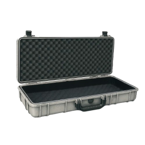 A hard-shell protective carrying case with an open lid, showing black, egg-crate foam padding inside. The case has a handle and latches, and is empty.