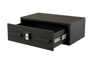 A black metal drawer with a lock on the front is partially open, revealing an empty interior against a plain white background.