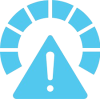 A blue triangle with an exclamation mark inside is in front of a semicircular gauge or speedometer, also in blue, suggesting a warning or alert related to performance or levels.
