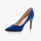 A single blue high-heeled pump with a pointed toe, showcased on a white background.