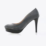 A single gray high-heeled shoe with a platform sole and a stiletto heel, displayed on a white background.