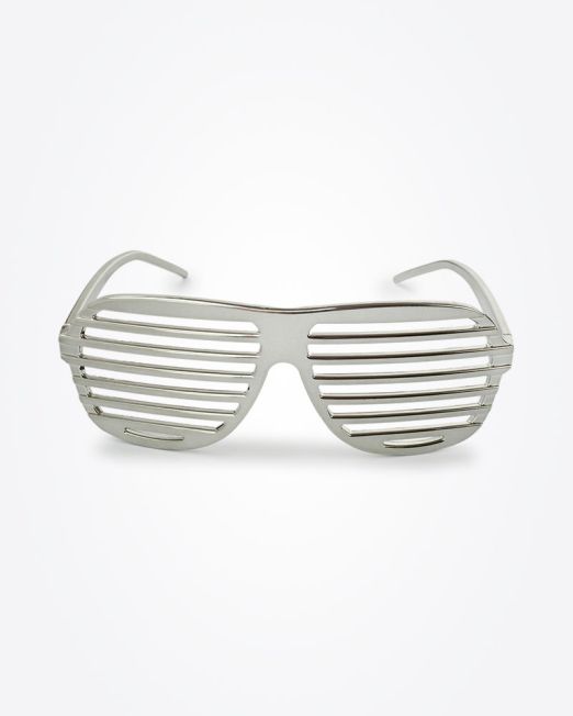 Silver shutter sunglasses with horizontal slats instead of traditional lenses, displayed against a plain white background.