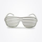 Silver shutter sunglasses with horizontal slats instead of traditional lenses, displayed against a plain white background.