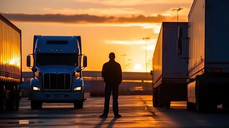A man standing in front of a semi truck at sunset.