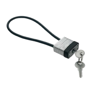 A small silver padlock with a flexible black cable instead of a solid shackle, shown unlocked with two silver keys attached to the lock.