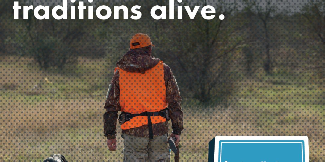 A hunter in an orange vest and a hunting dog walk through a field with the text Gun safety helps keep Colorado hunting traditions alive and a Lets Talk Guns Colorado logo.
