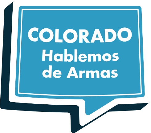 Un globo de diálogo azul con texto blanco que dice, COLORADO Hablemos de Armas.
