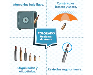Infografía con consejos para almacenar munición de forma segura: guárdela bajo llave, guárdela en lugares frescos y secos, organícela y etiquétela, y revísela periódicamente. Las imágenes incluyen una caja fuerte, un paraguas, balas y un símbolo de inspección.