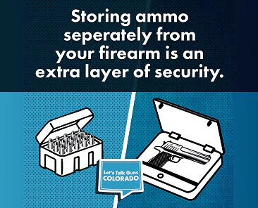 Text reads: Storing ammo separately from your firearm is an extra layer of security. Illustrations show a container of ammunition and a separate handgun case, with the Lets Talk Guns Colorado logo below.