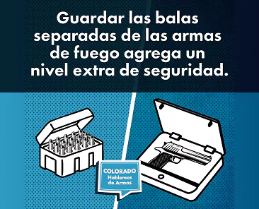 Text in Spanish stating that storing ammunition separately from firearms adds a level of safety, illustrated with an open box of bullets and an open handgun case.