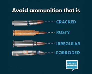 Infographic titled Avoid ammunition that is, showing illustrations of cracked, rusty, irregular, and corroded cartridges.