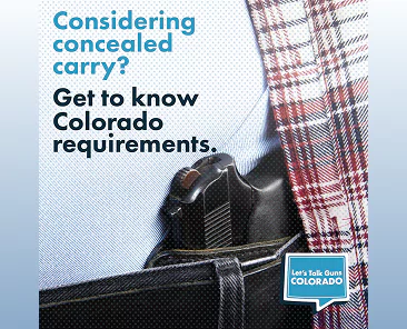 A handgun tucked into a waistband under a shirt and jacket, with the text: Considering concealed carry? Get to know Colorado requirements. and the Lets Talk Guns Colorado logo.