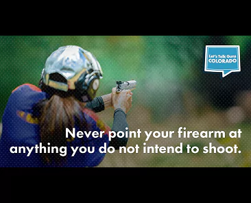 A shooter aiming a handgun at a target with the text: Never point your firearm at anything you do not intend to shoot. and a Lets Talk Guns Colorado logo.