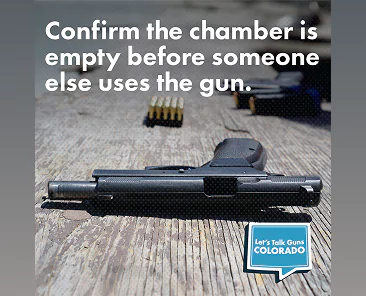 A handgun resting on a wooden surface with the text Confirm the chamber is empty before someone else uses the gun and a Lets Talk Guns Colorado logo.