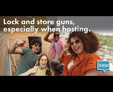 Four friends smiling while taking a selfie outdoors, with the text: Lock and store guns, especially when hosting.