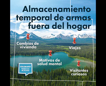 Infographic titled Almacenamiento temporal de armas fuera del hogar showing a mountain lake with red map pins pointing to reasons for storage: Cambios de vivienda, Viajes, Motivos de salud mental, and Visitantes curiosos.