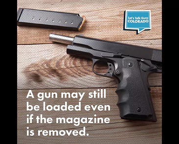 A semi-automatic pistol with its magazine removed rests on a wooden surface, with text stating, A gun may still be loaded even if the magazine is removed.