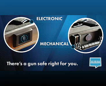 A comparison of gun safes showing an electronic keypad lock and a mechanical key lock, with the text Theres a gun safe right for you.