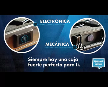 A comparison between an electronic gun safe with a biometric lock and a mechanical gun safe with a key lock, with the Spanish text Siempre hay una caja fuerte perfecta para ti at the bottom.