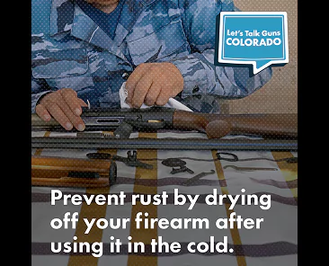 A person in camouflage clothing wipes down a disassembled firearm. Text reads, Lets Talk Guns COLORADO: Prevent rust by drying off your firearm after using it in the cold.