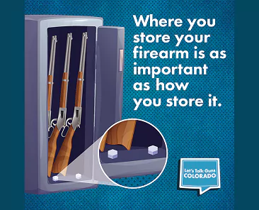 Image of an open gun safe containing three long guns. A circular zoomed-in graphic highlights the bolts securing the safe to the floor. Text on the image says “Where you store your firearm is as important as how you store it.”