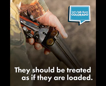 Person in camouflage holding an open double-barreled shotgun, with the text Lets Talk Guns Colorado and They should be treated as if they are loaded.