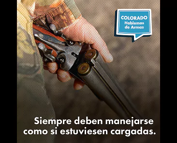 Una persona sostiene una escopeta con dos cartuchos cargados, acompañada de un mensaje: Siempre deben manejarse como si estuviesen cargadas, y un globo de diálogo titulado Colorado Hablemos de Armas.