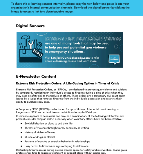 Preview image of E-Newsletter titled “Extreme Risk Protection Orders,” featuring icons of tools and a message about preventing gun violence in emergencies.