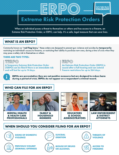 Preview image of an informational poster titled “ERPO: Extreme Risk Protection Orders,” explaining what an ERPO is, the two types (TERPO and ERPO), who can file for one, and warning signs that may indicate when filing should be considered, with photos representing different groups such as health professionals, families, educators, and law enforcement.