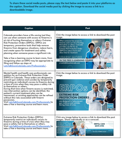 Preview image of a two-column table labeled “Caption” and “Post,” showing three caption blocks about Extreme Risk Protection Orders and three corresponding preview thumbnails of social media posts promoting ERPO information and e-learning resources.