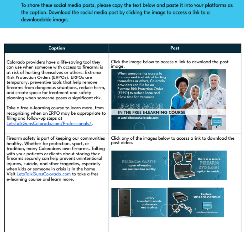 Preview image showing a two-column table titled “Caption” and “Post.” The left column contains short descriptions about ERPOs and firearm safety, and the right column shows preview thumbnails of the corresponding social media posts promoting an ERPO e-learning course and safe firearm storage options.