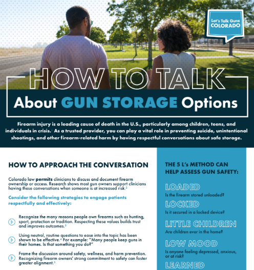 Preview image of a flyer titled “How to Talk About Gun Storage Options,” showing two people talking outdoors and outlining guidance for clinicians on discussing firearm safety, including conversation strategies and the “5 Ls” safety checklist.